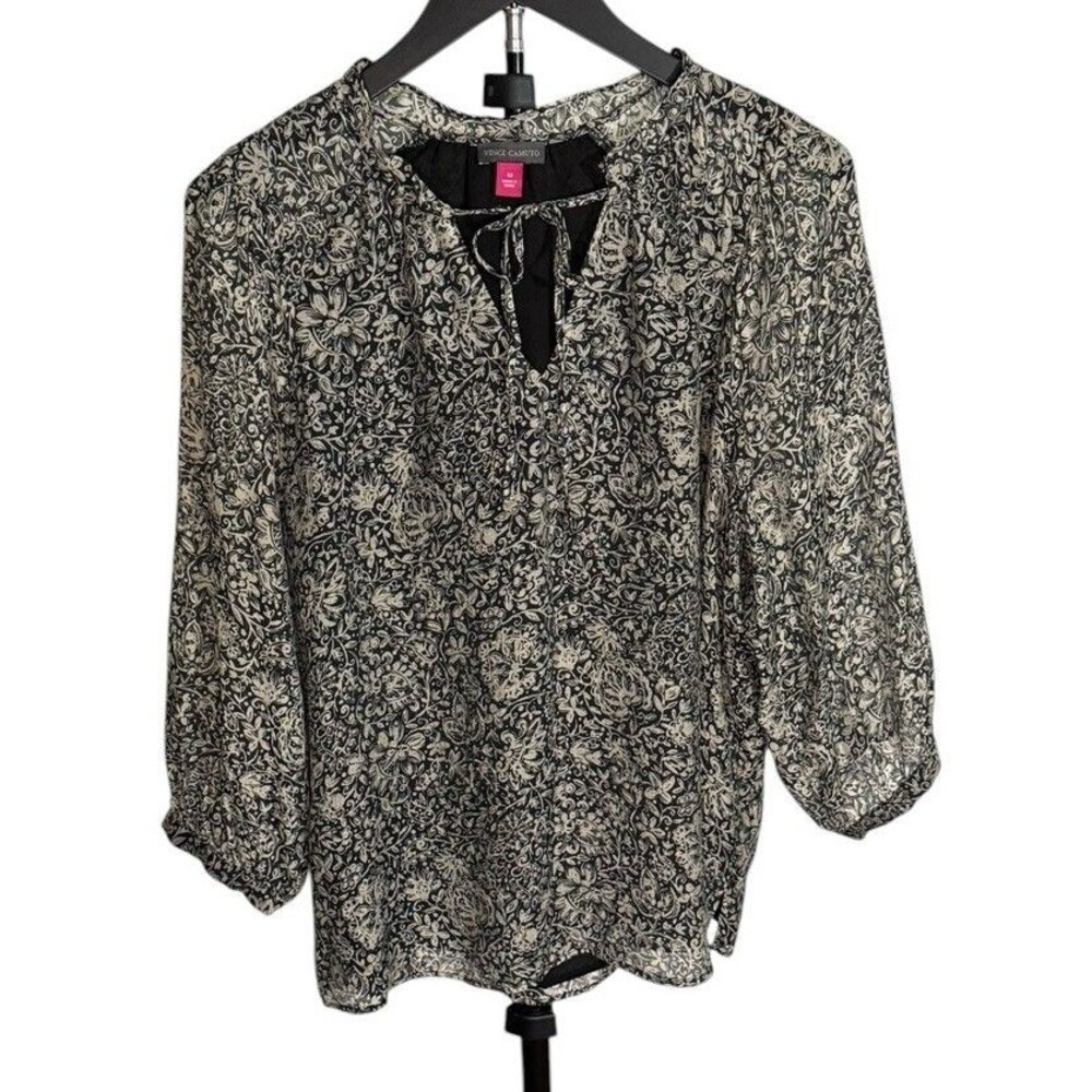 Vince Camuto M Floral Tie Neck Blouse Peasant Top Rayon Nylon Black Boho